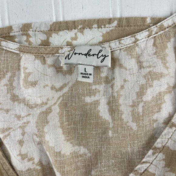 Wonderly Womens Linen Blend Button-Up Short Sleeve Dress Beige & White - Picture 2 of 5